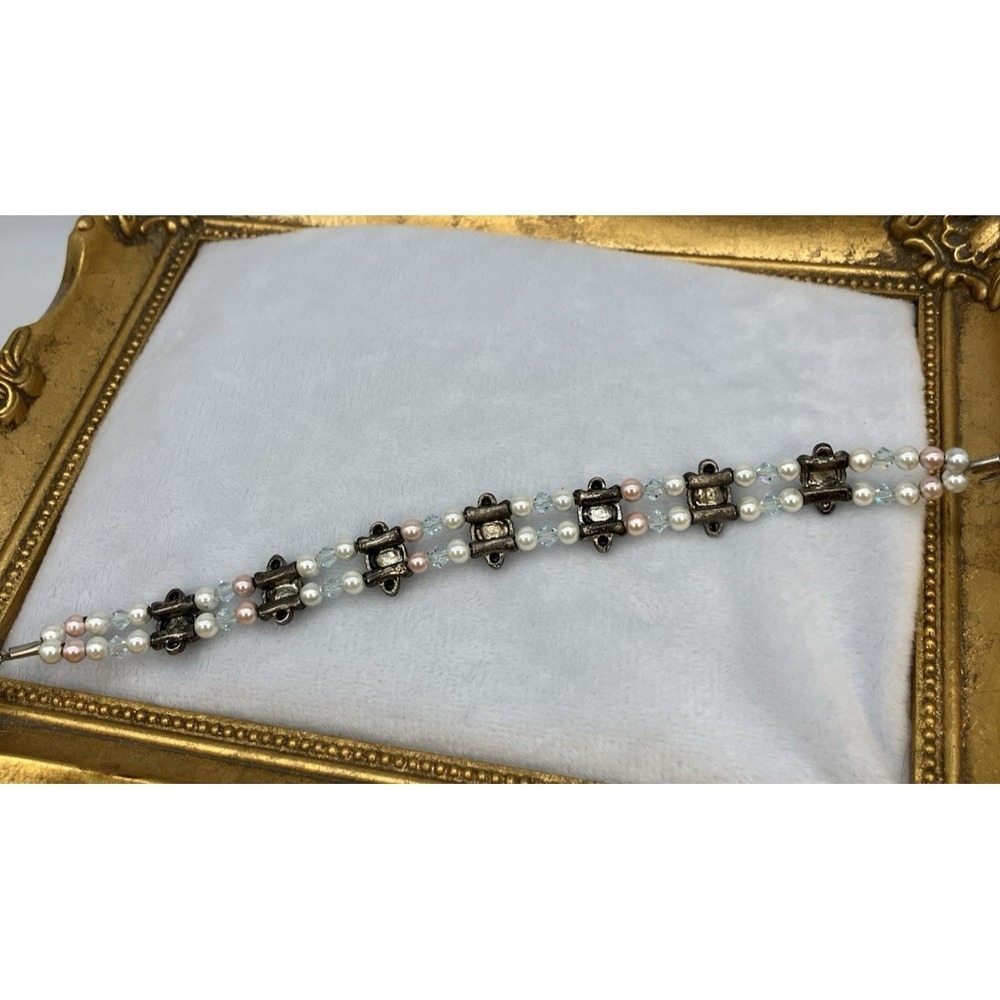 Handmade 2 Row Panel Bracelet Pearl Rhinestone Regal Royalcore Coquette Romantic - Picture 4 of 10